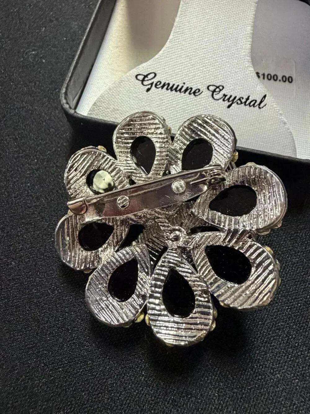 Crystal Splendor Black&White Crystal Floral Brooch Platinum Over Sterling Silver